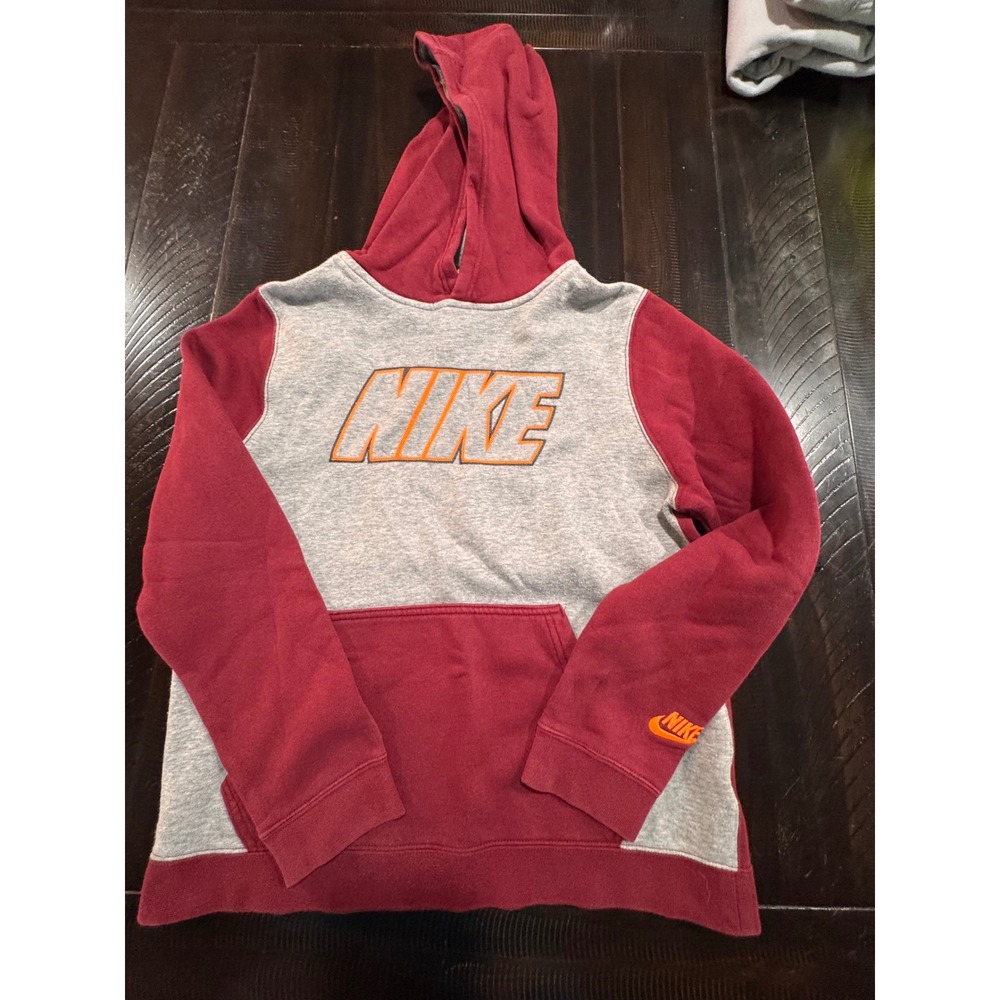 Nike Kids Pullover Hoodie Maroon Gray Colorblock Logo Sweatshirt Size Large L